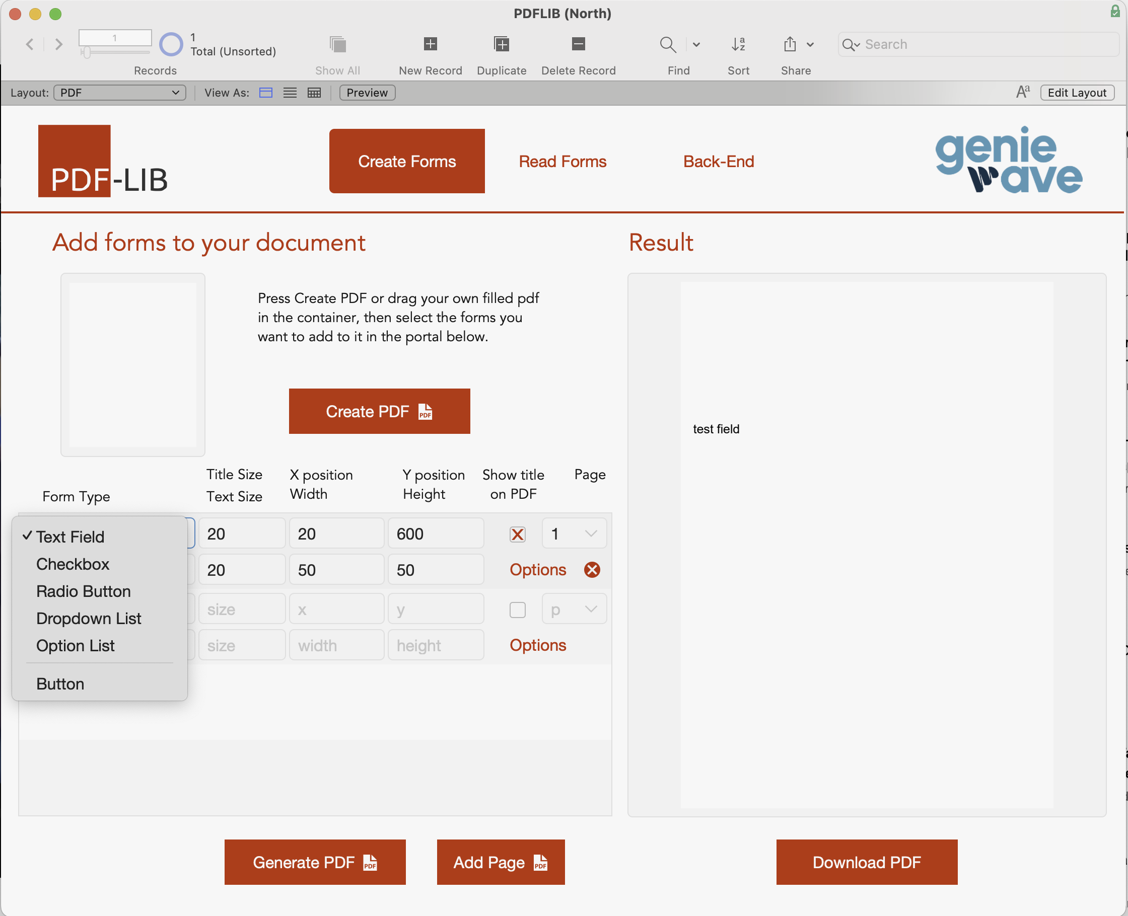 Screenshot from PDF-LIB FileMaker Integration